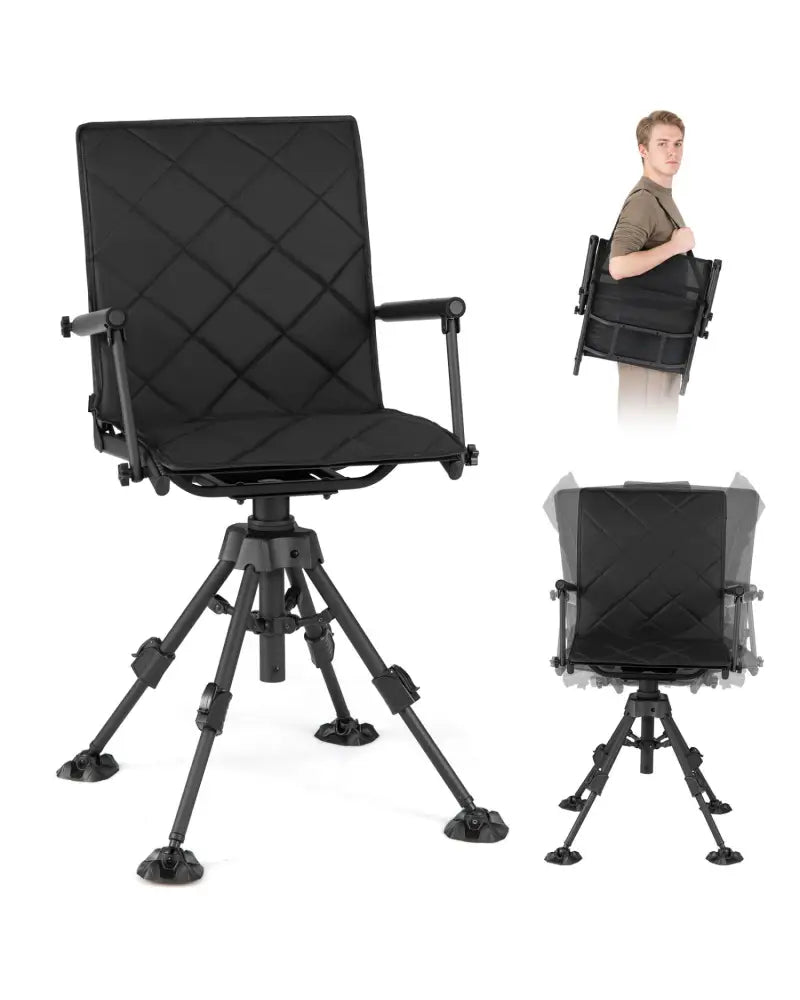 360° Silent Swivel Hunting Seat with 5-Level Adjustable-Black - Black - Camping Furniture
