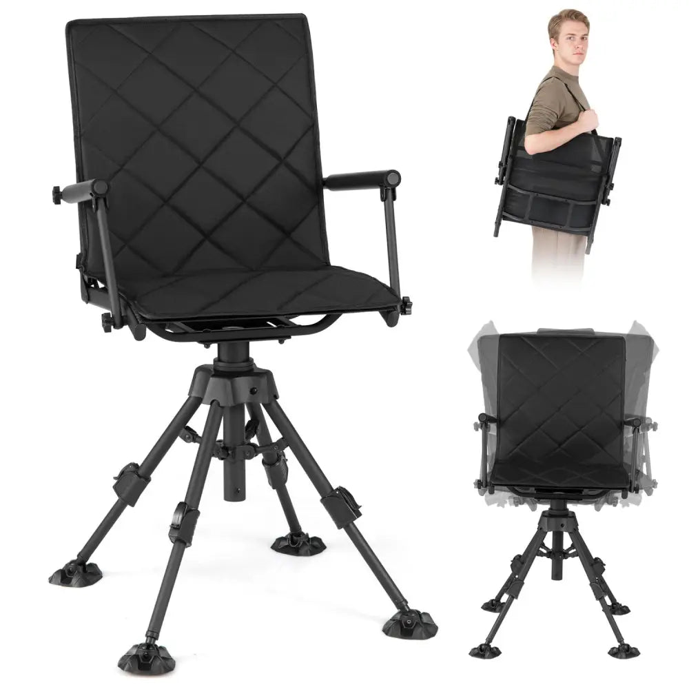 360° Silent Swivel Hunting Seat with 5-Level Adjustable-Black - Black - Camping Furniture