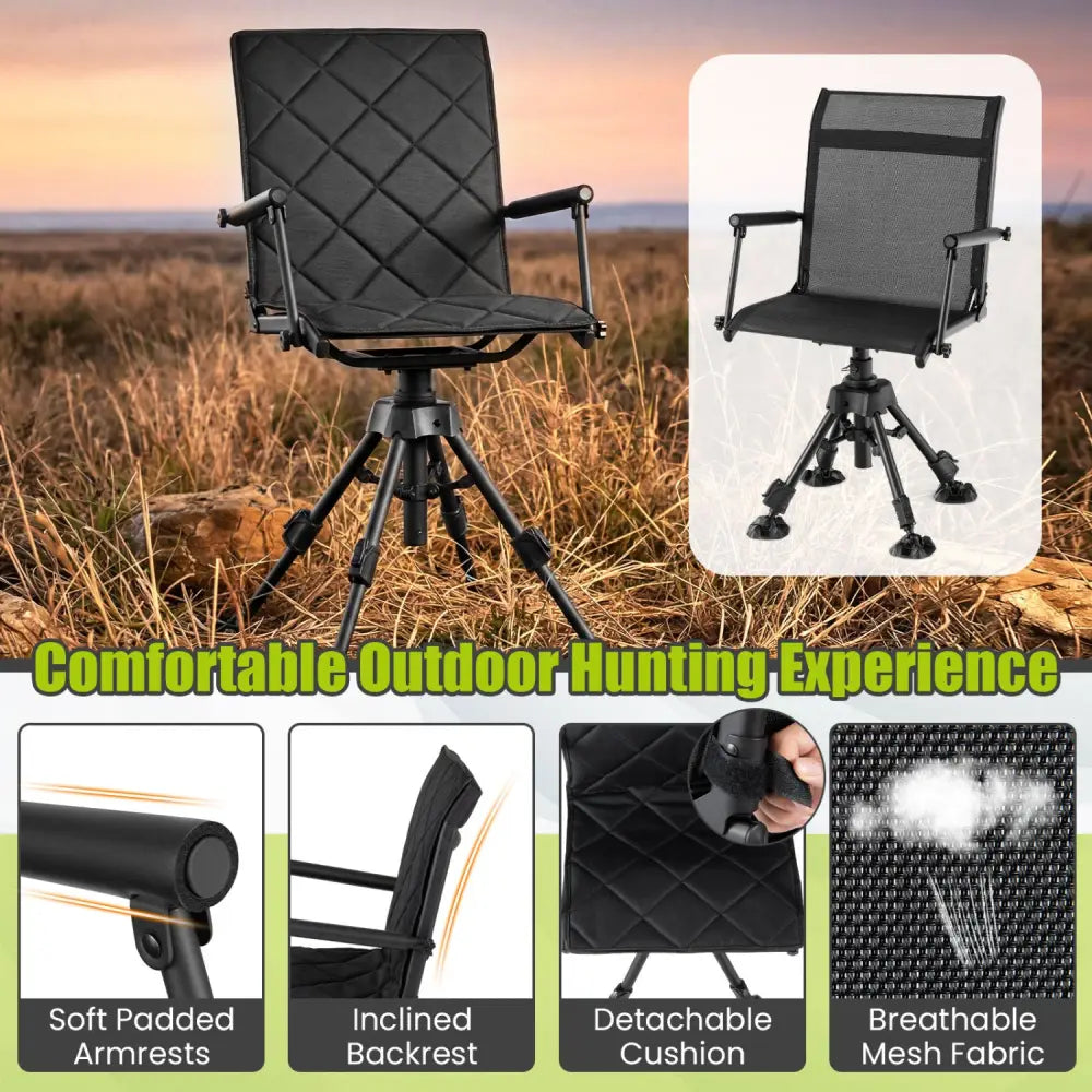 360° Silent Swivel Hunting Seat with 5-Level Adjustable-Black - Black - Camping Furniture