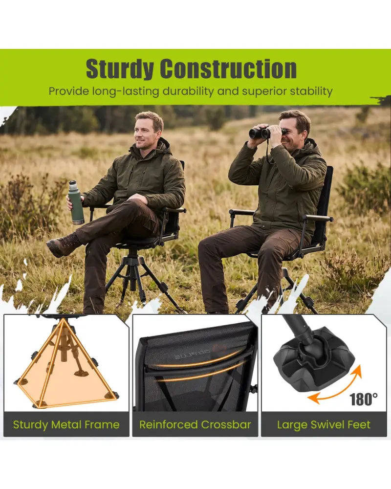 360° Silent Swivel Hunting Seat with 5-Level Adjustable-Black - Black - Camping Furniture