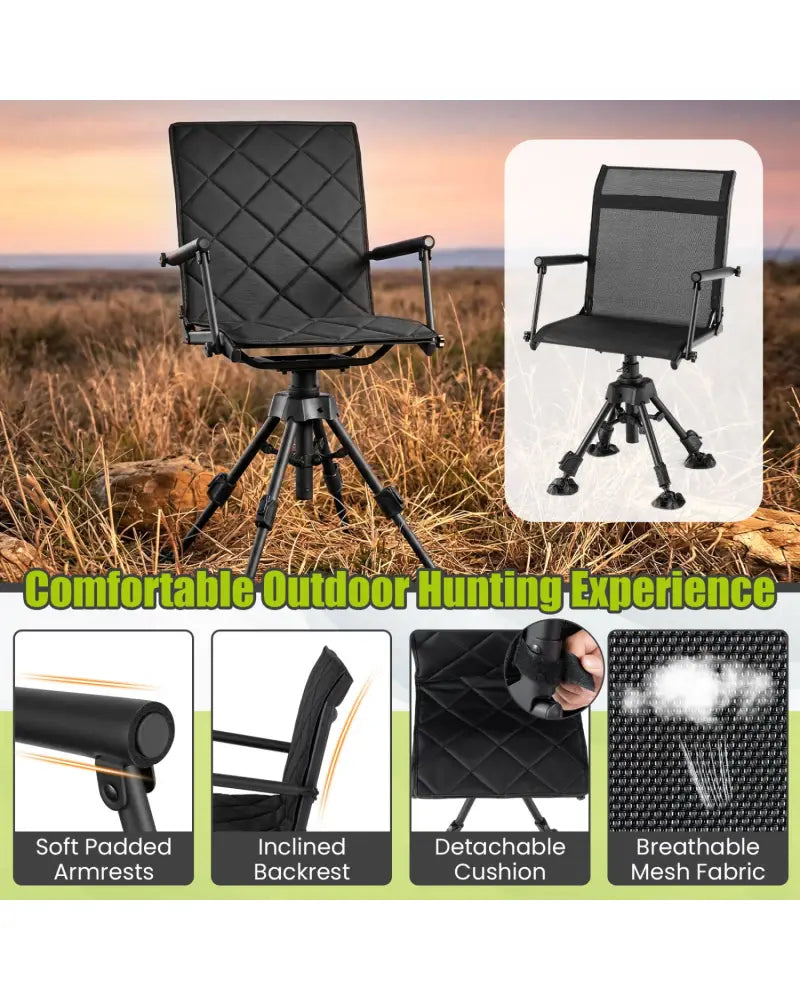 360° Silent Swivel Hunting Seat with 5-Level Adjustable-Black - Black - Camping Furniture