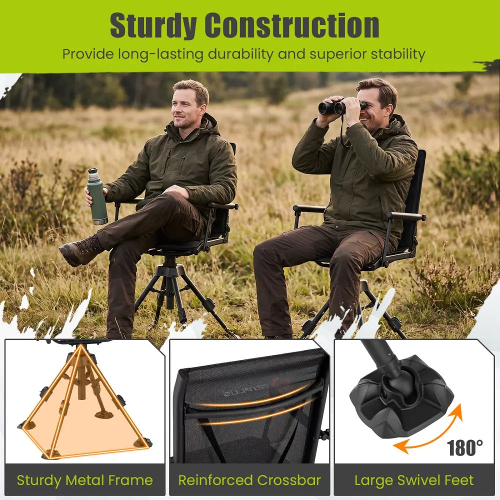 360° Silent Swivel Hunting Seat with 5-Level Adjustable-Black - Black - Camping Furniture