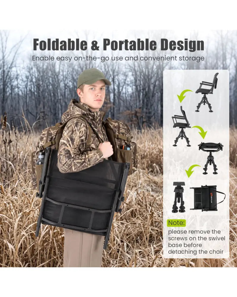 360° Silent Swivel Hunting Seat with 5-Level Adjustable-Black - Black - Camping Furniture