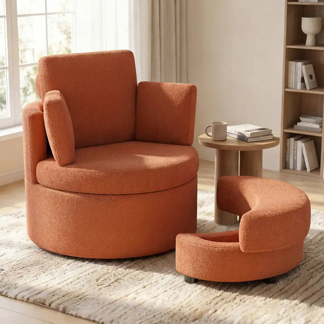 360° Swivel Accent Chair with Half Moon Storage Ottoman-Light Brown Costway