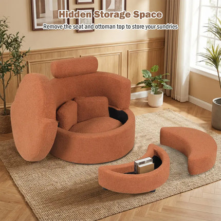 360° Swivel Accent Chair with Half Moon Storage Ottoman-Light Brown Costway