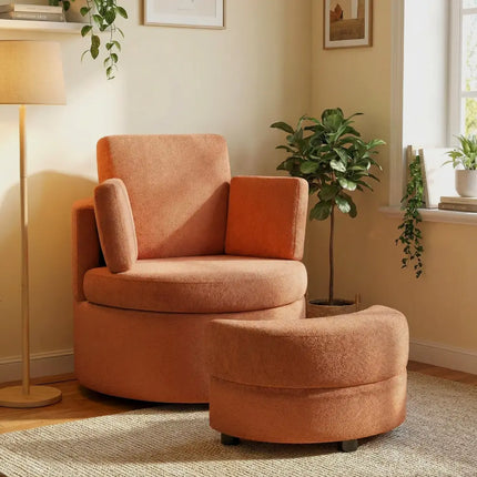 360° Swivel Accent Chair with Half Moon Storage Ottoman-Light Brown Costway