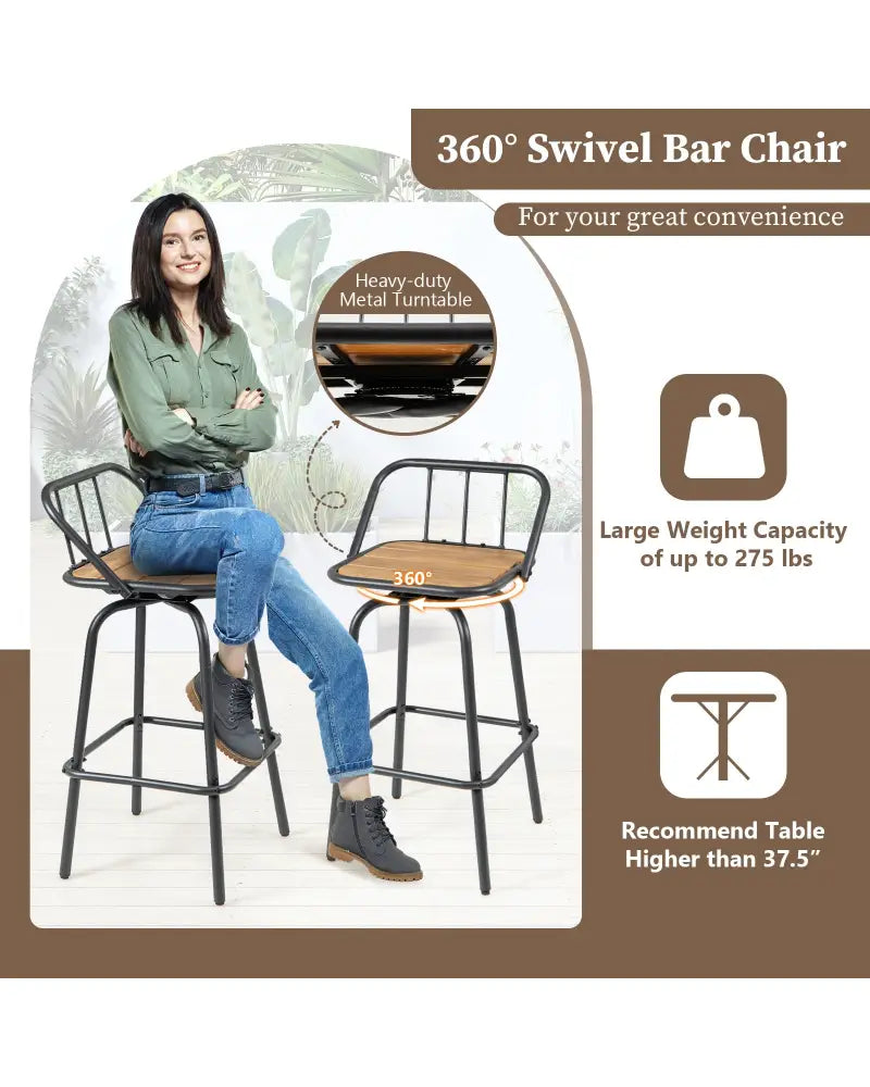 360° Swivel Bar Stool Set of 2 with Footrest and Backrest-Balck & Natural - Natural & Black - Bar Stools