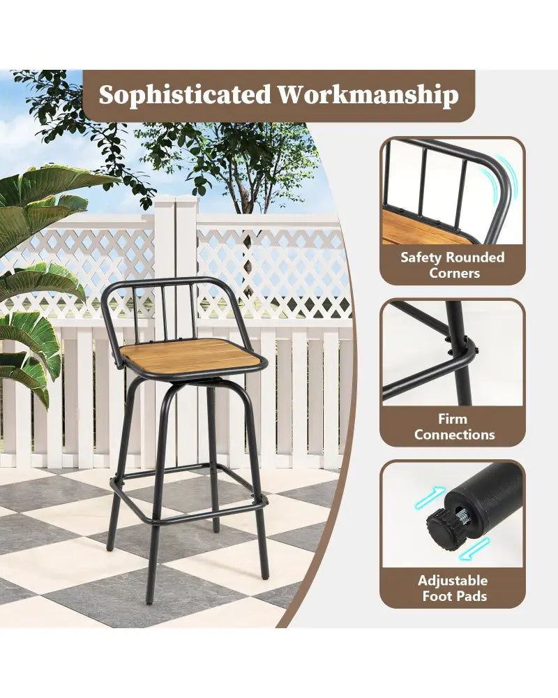 360° Swivel Bar Stool Set of 2 with Footrest and Backrest-Balck & Natural - Natural & Black - Bar Stools
