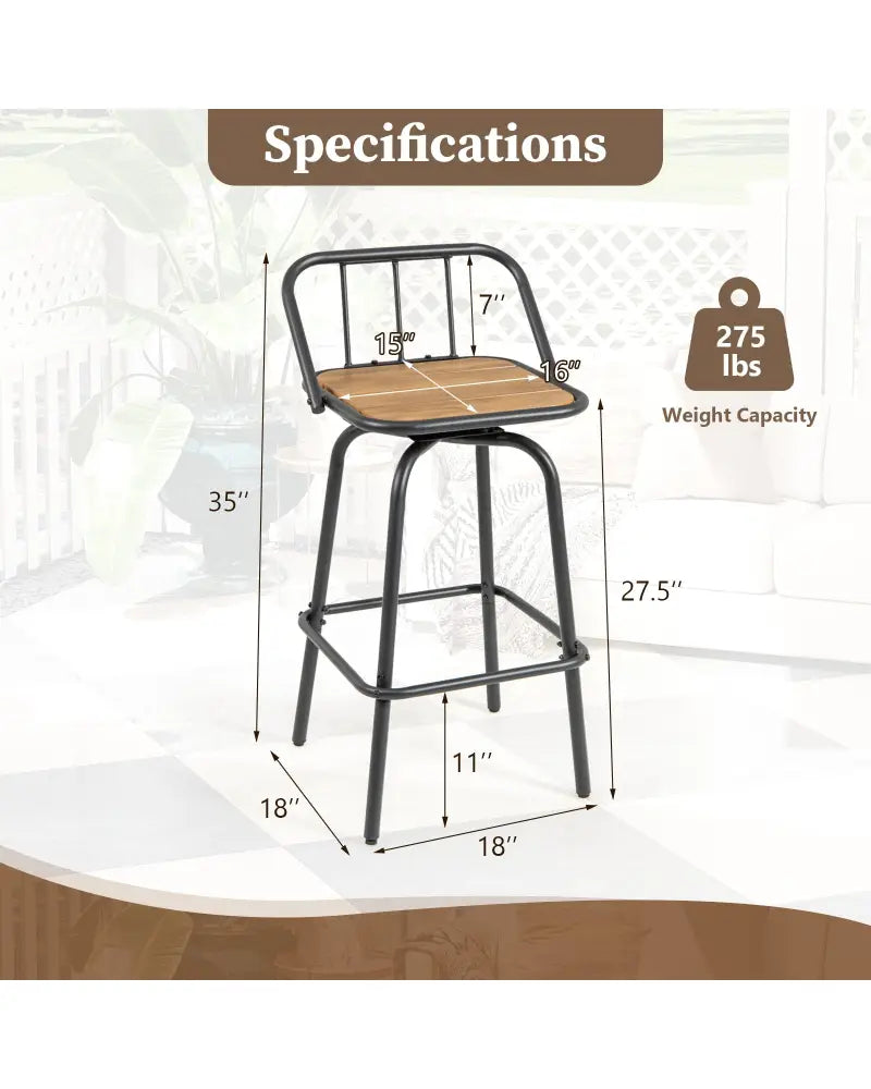360° Swivel Bar Stool Set of 2 with Footrest and Backrest-Balck & Natural - Natural & Black - Bar Stools