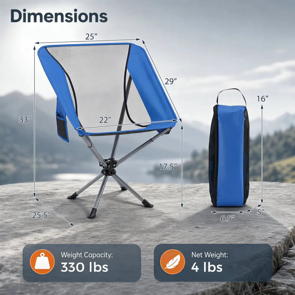 360° Swivel Camping Chair with Cup Holder and Side Pocket for Beach Support 300 LBS-Blue - Blue - Camping Furniture