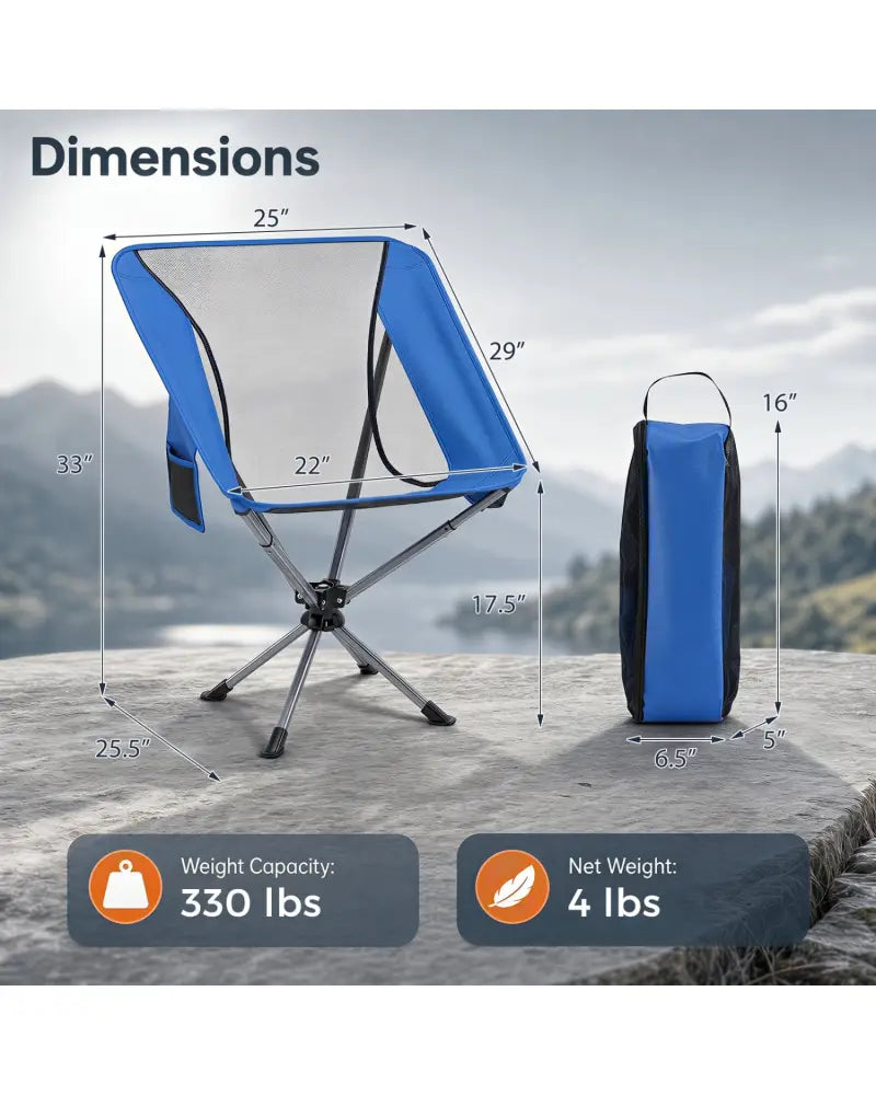 360° Swivel Camping Chair with Cup Holder and Side Pocket for Beach Support 300 LBS-Blue - Blue - Camping Furniture