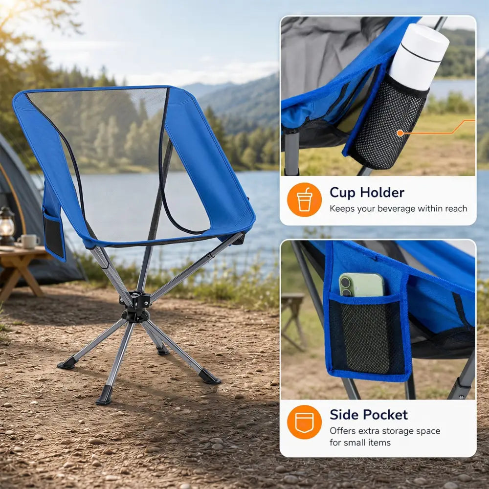 360° Swivel Camping Chair with Cup Holder and Side Pocket for Beach Support 300 LBS-Blue - Blue - Camping Furniture