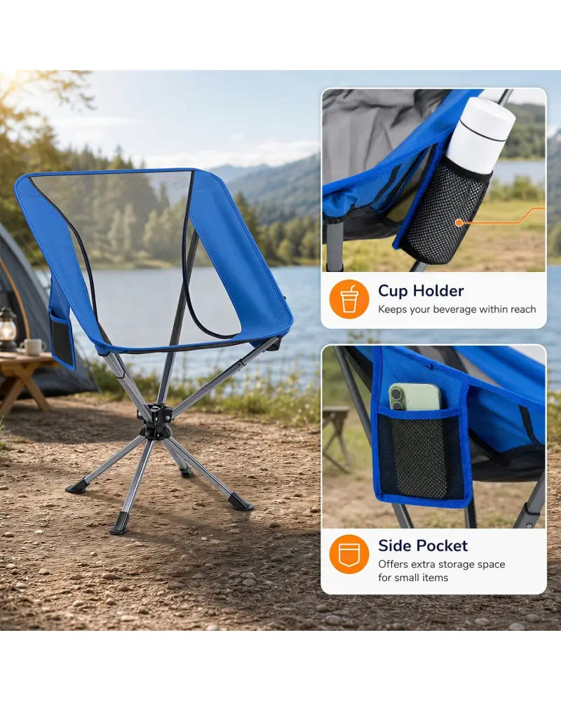 360° Swivel Camping Chair with Cup Holder and Side Pocket for Beach Support 300 LBS-Blue - Blue - Camping Furniture