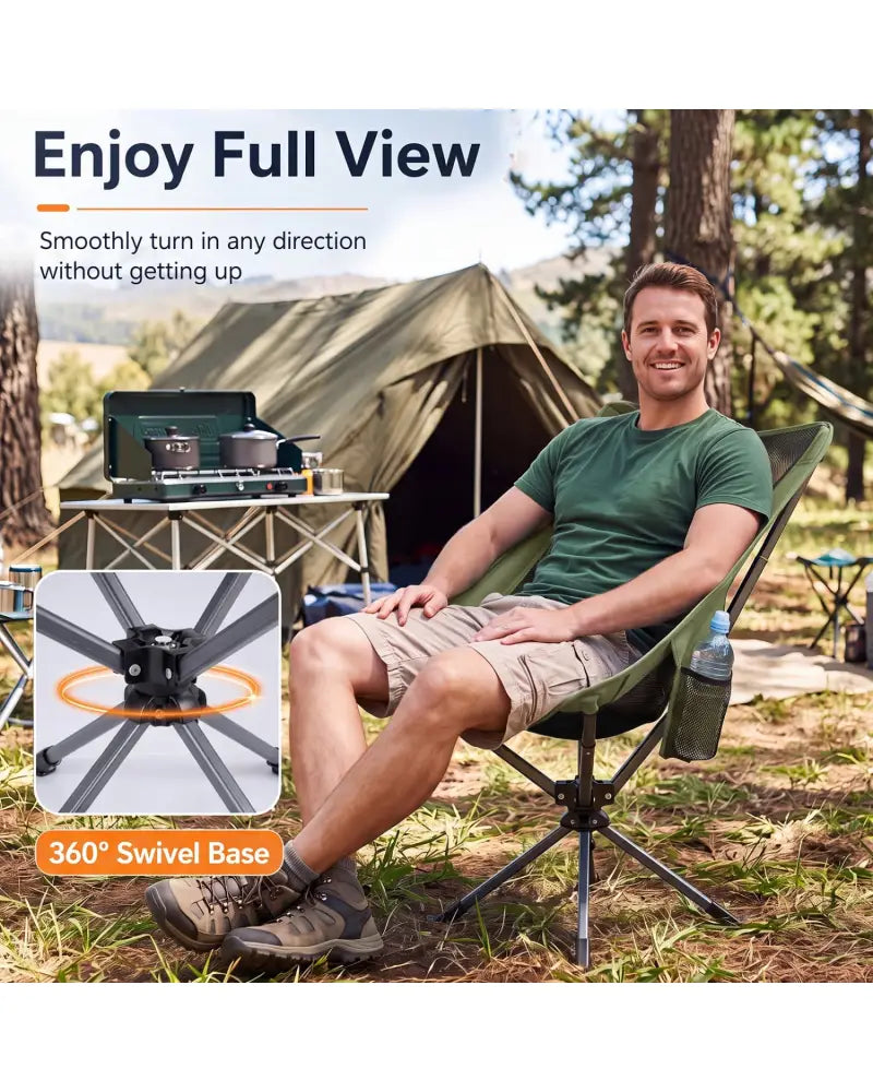 360° Swivel Camping Chair with Cup Holder and Side Pocket for Beach Support 300 LBS-Green - Green - Camping Furniture