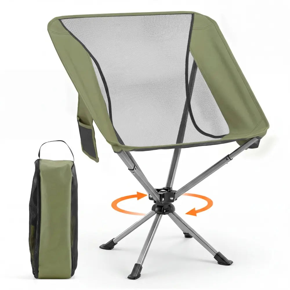 360° Swivel Camping Chair with Cup Holder and Side Pocket for Beach Support 300 LBS-Green - Green - Camping Furniture