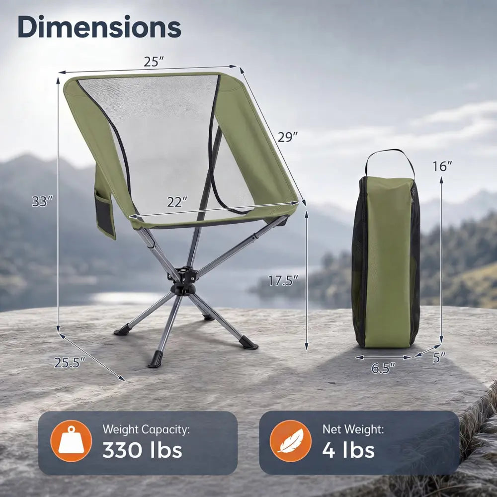 360° Swivel Camping Chair with Cup Holder and Side Pocket for Beach Support 300 LBS-Green - Green - Camping Furniture