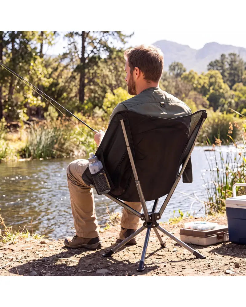 360° Swivel Camping Chair with Cup Holder and Side Pocket for Beach Support 300 LBS-Black - Black - Camping Furniture