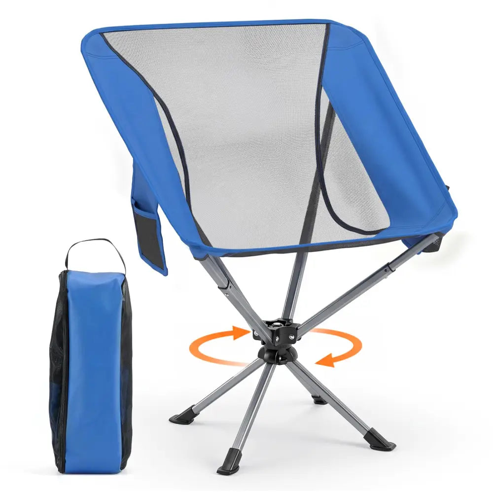360° Swivel Camping Chair with Cup Holder and Side Pocket for Beach Support 300 LBS-Blue - Blue - Camping Furniture
