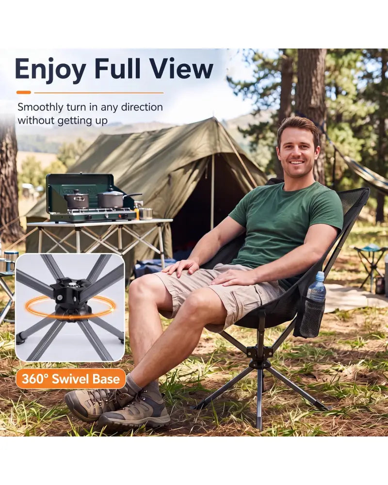 360° Swivel Camping Chair with Cup Holder and Side Pocket for Beach Support 300 LBS-Black - Black - Camping Furniture