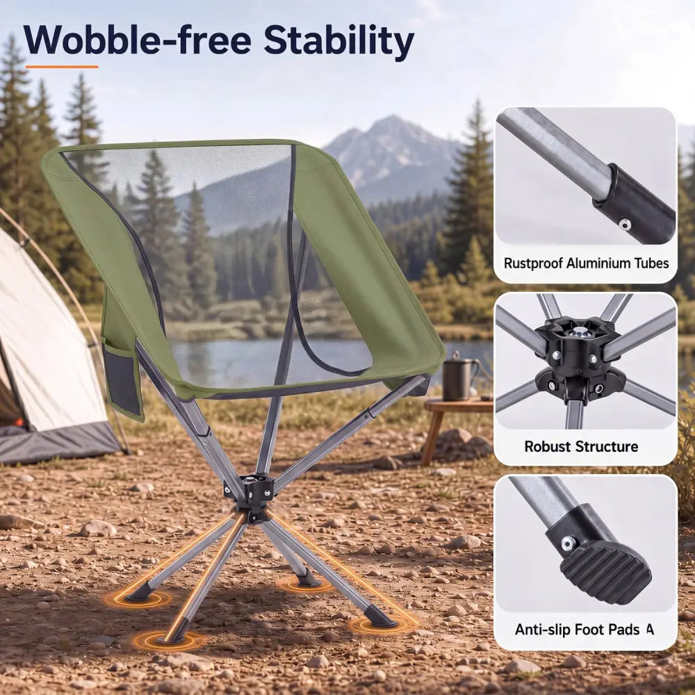 360° Swivel Camping Chair with Cup Holder and Side Pocket for Beach Support 300 LBS-Green - Green - Camping Furniture