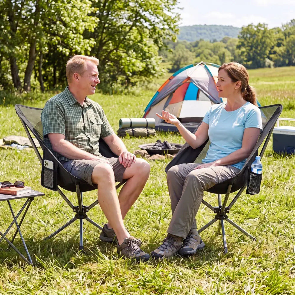 360° Swivel Camping Chair with Cup Holder and Side Pocket for Beach Support 300 LBS-Black - Black - Camping Furniture