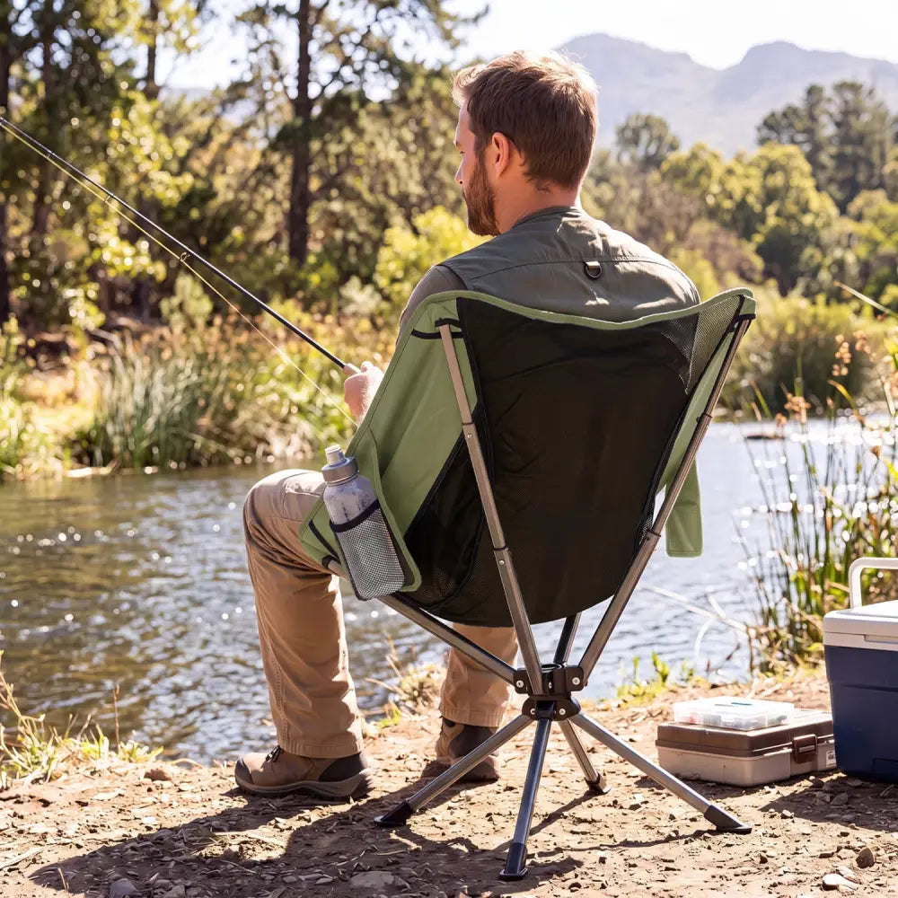 360° Swivel Camping Chair with Cup Holder and Side Pocket for Beach Support 300 LBS-Green - Green - Camping Furniture