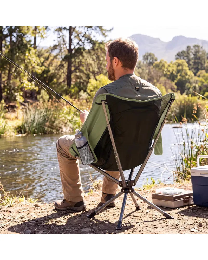 360° Swivel Camping Chair with Cup Holder and Side Pocket for Beach Support 300 LBS-Green - Green - Camping Furniture