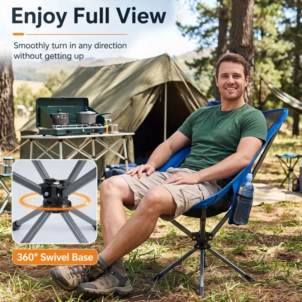 360° Swivel Camping Chair with Cup Holder and Side Pocket for Beach Support 300 LBS-Blue - Blue - Camping Furniture