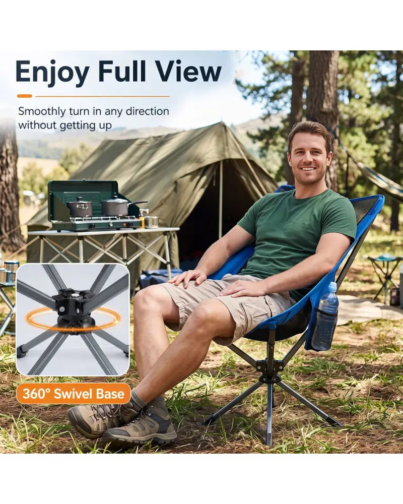 360° Swivel Camping Chair with Cup Holder and Side Pocket for Beach Support 300 LBS-Blue - Blue - Camping Furniture