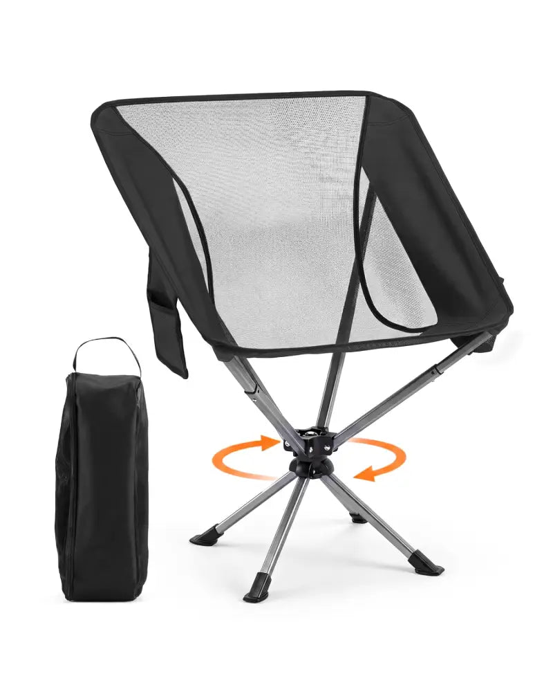 360° Swivel Camping Chair with Cup Holder and Side Pocket for Beach Support 300 LBS-Black - Black - Camping Furniture