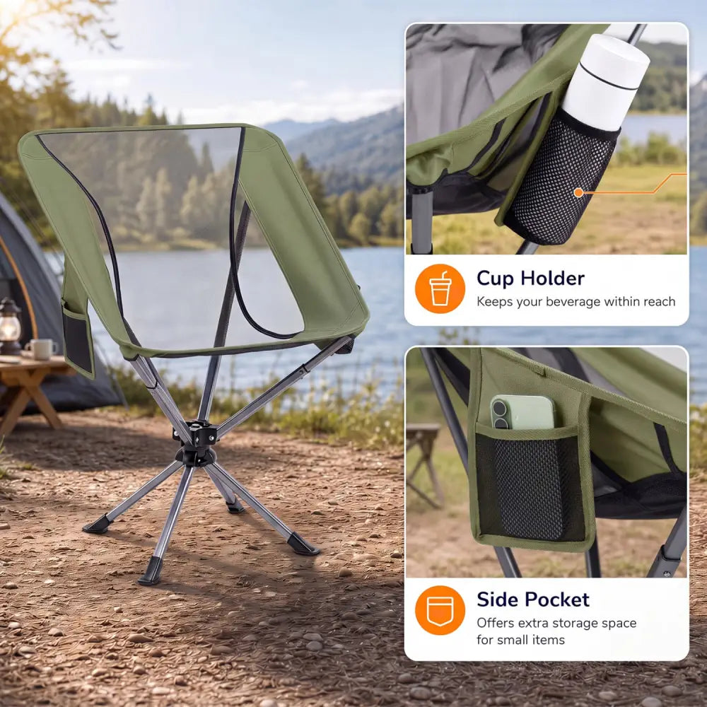 360° Swivel Camping Chair with Cup Holder and Side Pocket for Beach Support 300 LBS-Green - Green - Camping Furniture