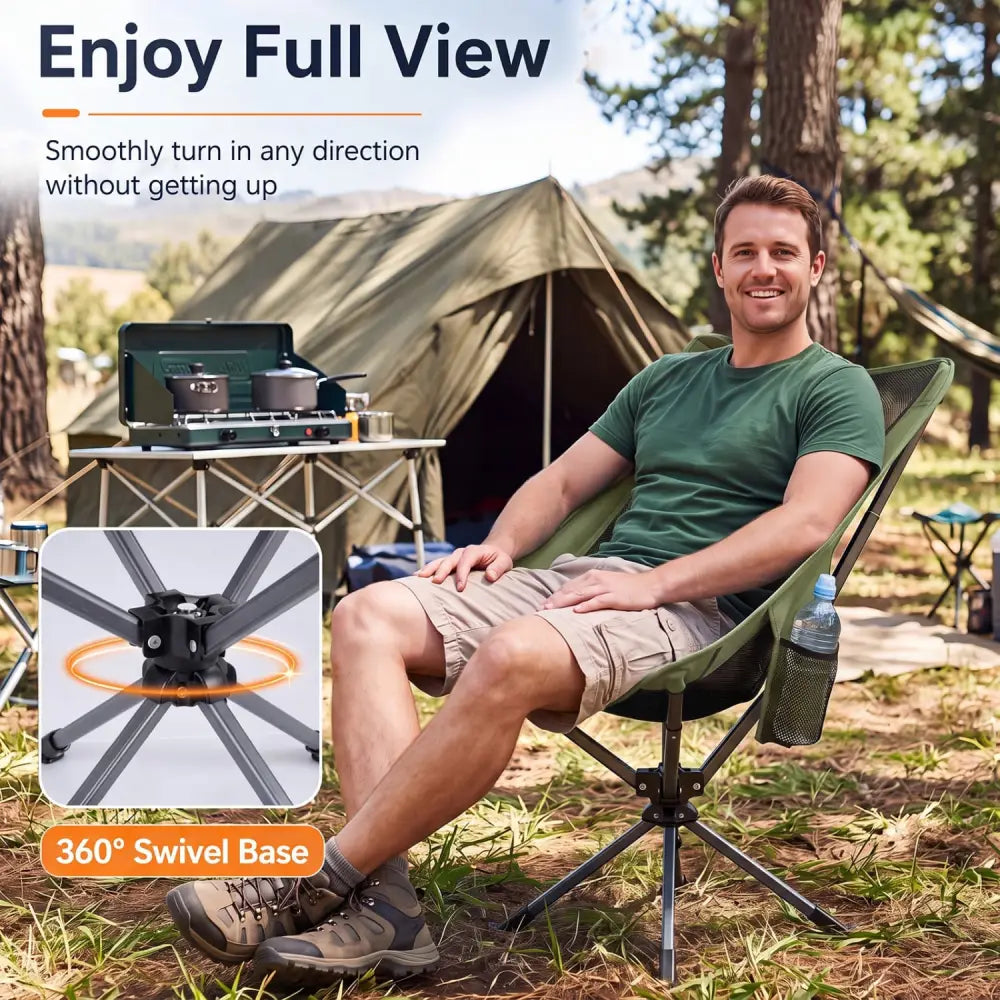 360° Swivel Camping Chair with Cup Holder and Side Pocket for Beach Support 300 LBS-Green - Green - Camping Furniture