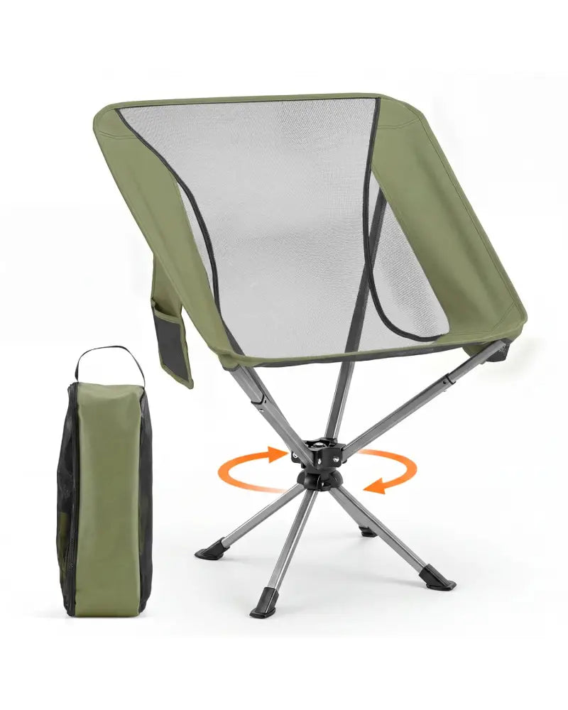 360° Swivel Camping Chair with Cup Holder and Side Pocket for Beach Support 300 LBS-Green - Green - Camping Furniture
