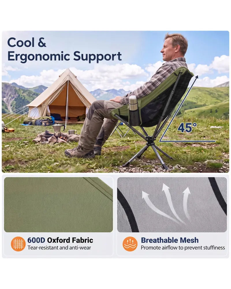 360° Swivel Camping Chair with Cup Holder and Side Pocket for Beach Support 300 LBS-Green - Green - Camping Furniture