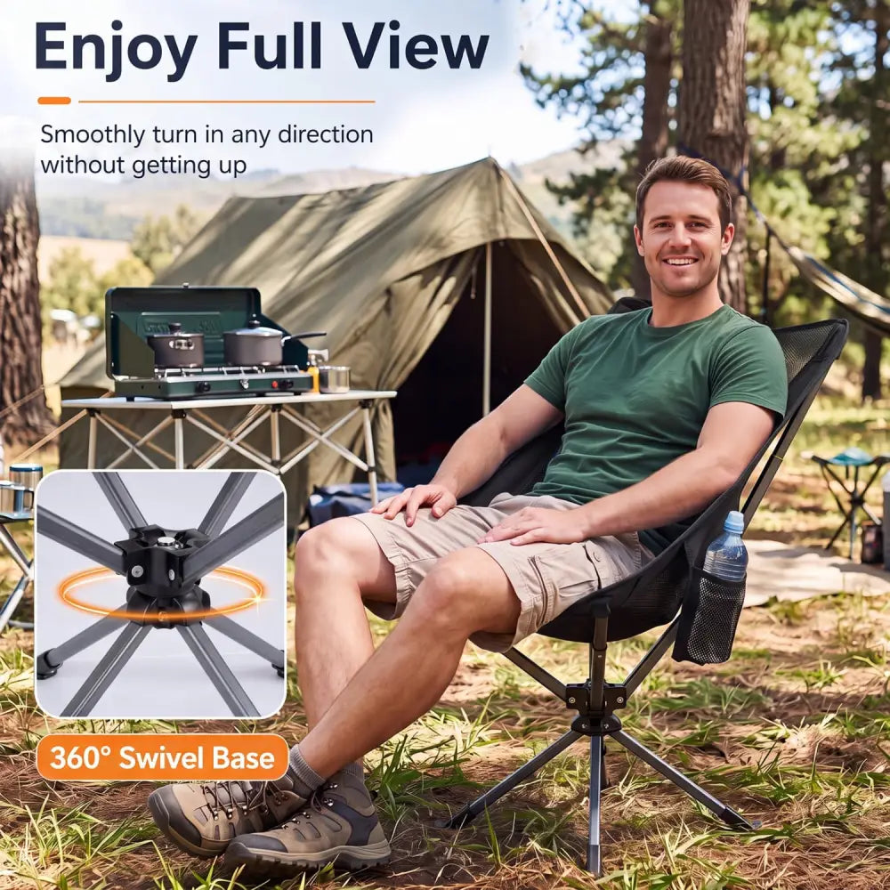 360° Swivel Camping Chair with Cup Holder and Side Pocket for Beach Support 300 LBS-Black - Black - Camping Furniture