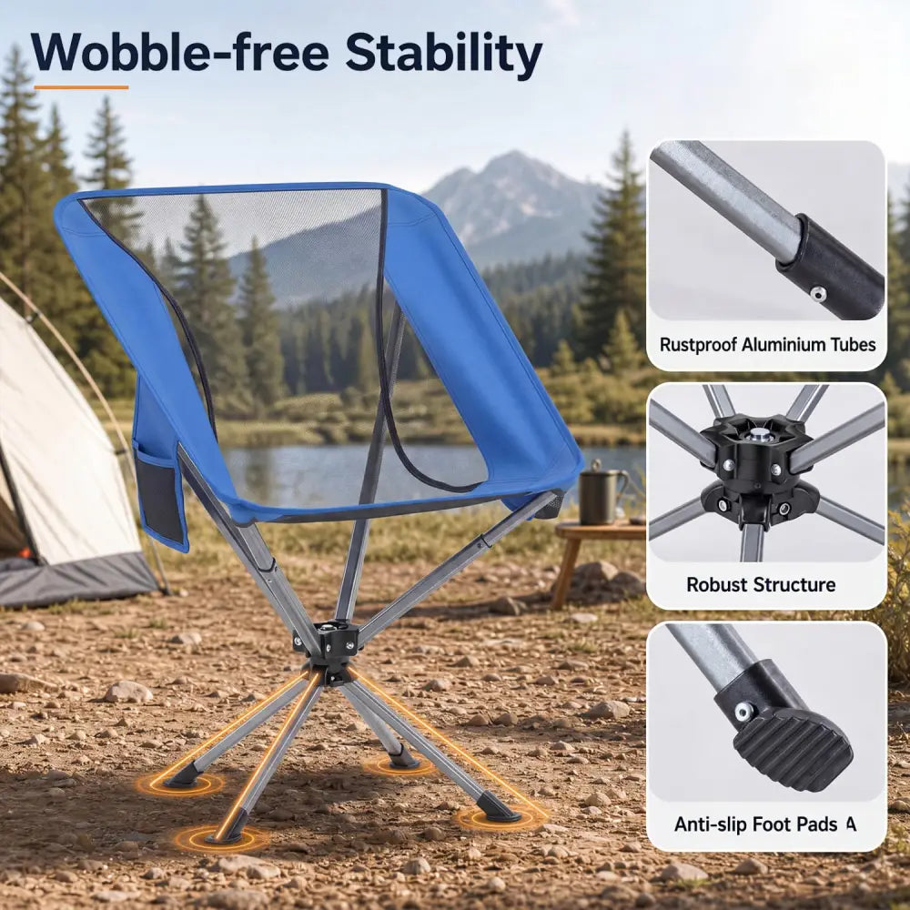 360° Swivel Camping Chair with Cup Holder and Side Pocket for Beach Support 300 LBS-Blue - Blue - Camping Furniture