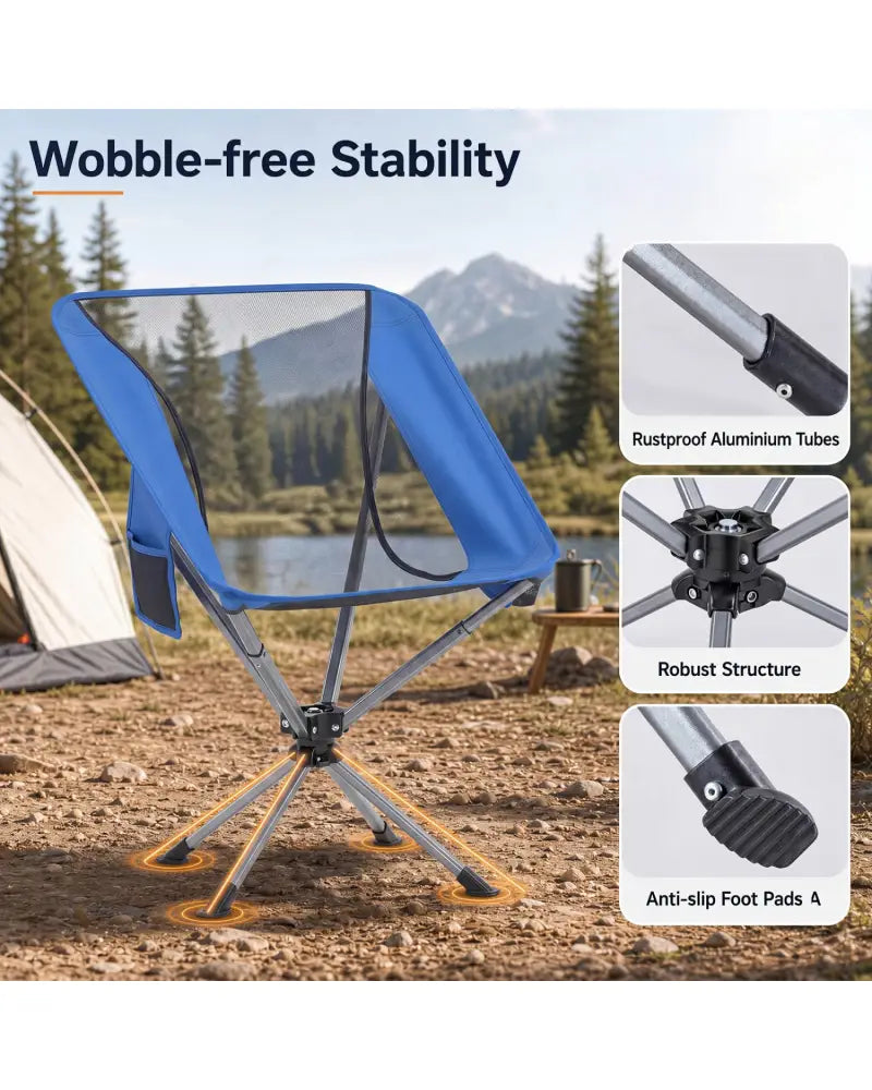 360° Swivel Camping Chair with Cup Holder and Side Pocket for Beach Support 300 LBS-Blue - Blue - Camping Furniture