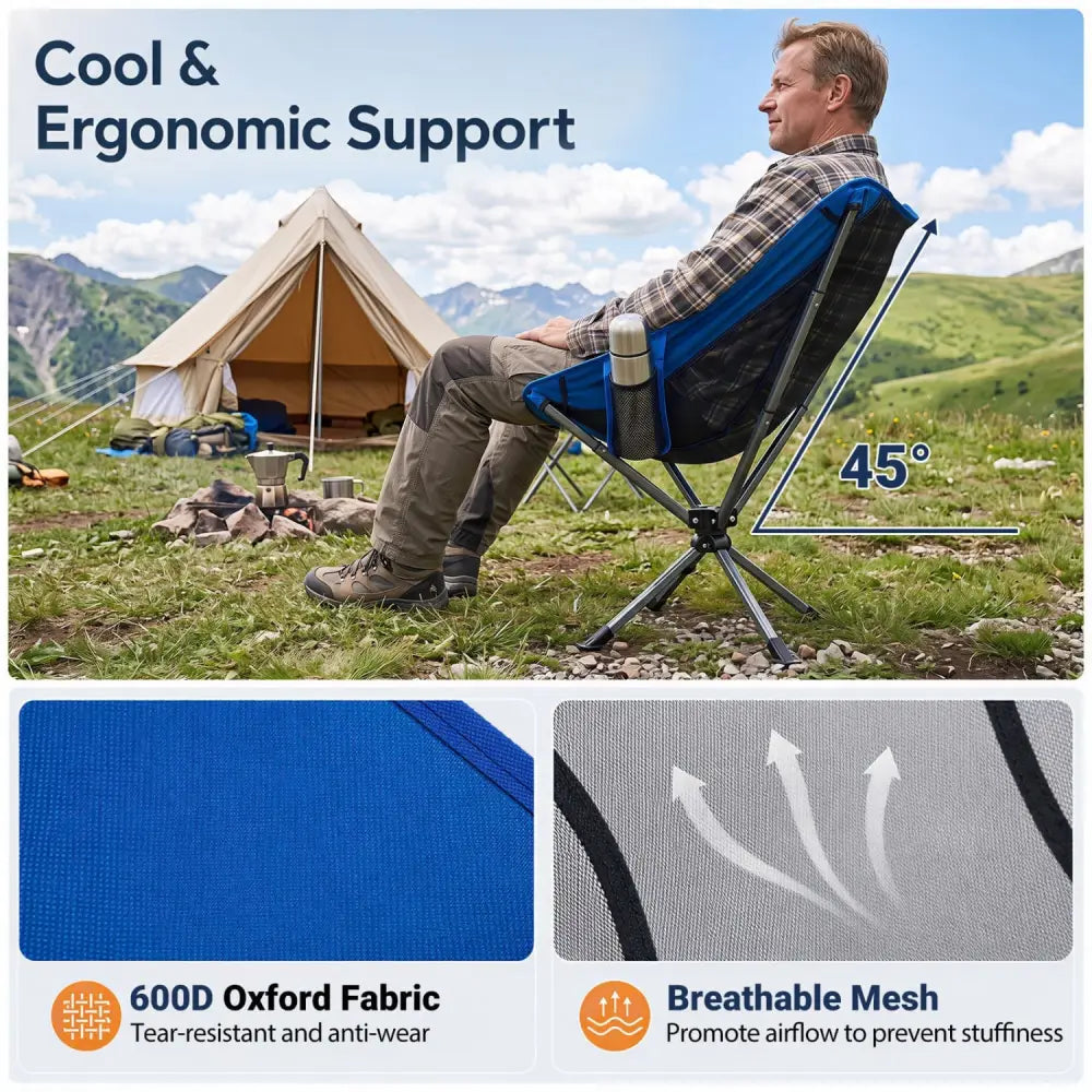 360° Swivel Camping Chair with Cup Holder and Side Pocket for Beach Support 300 LBS-Blue - Blue - Camping Furniture