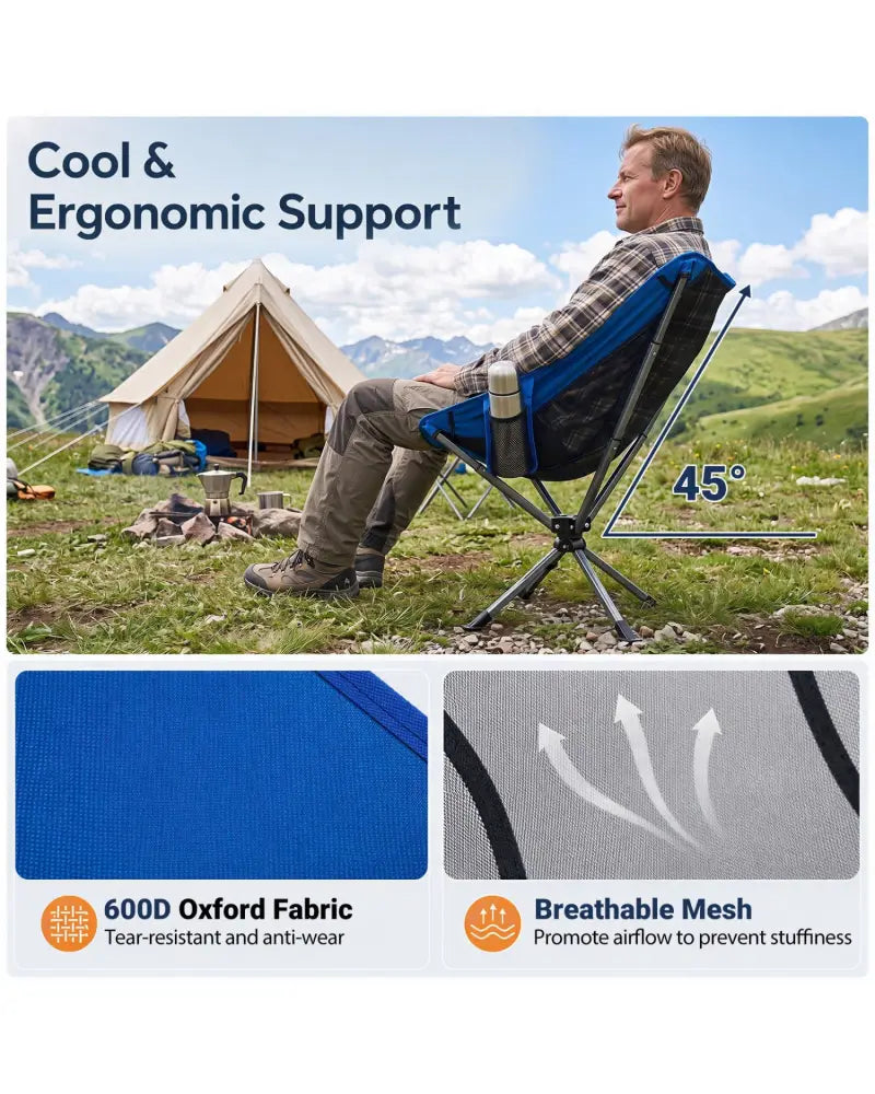 360° Swivel Camping Chair with Cup Holder and Side Pocket for Beach Support 300 LBS-Blue - Blue - Camping Furniture