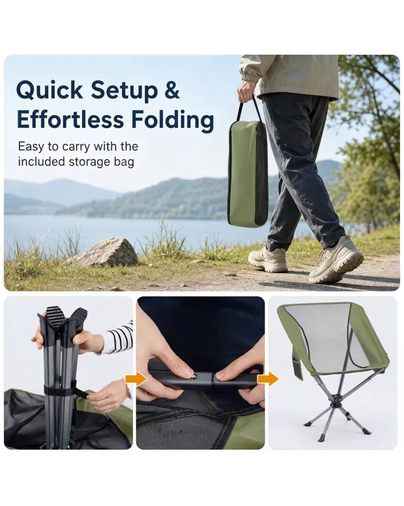 360° Swivel Camping Chair with Cup Holder and Side Pocket for Beach Support 300 LBS-Green - Green - Camping Furniture