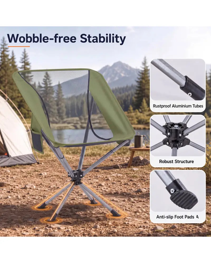 360° Swivel Camping Chair with Cup Holder and Side Pocket for Beach Support 300 LBS-Green - Green - Camping Furniture
