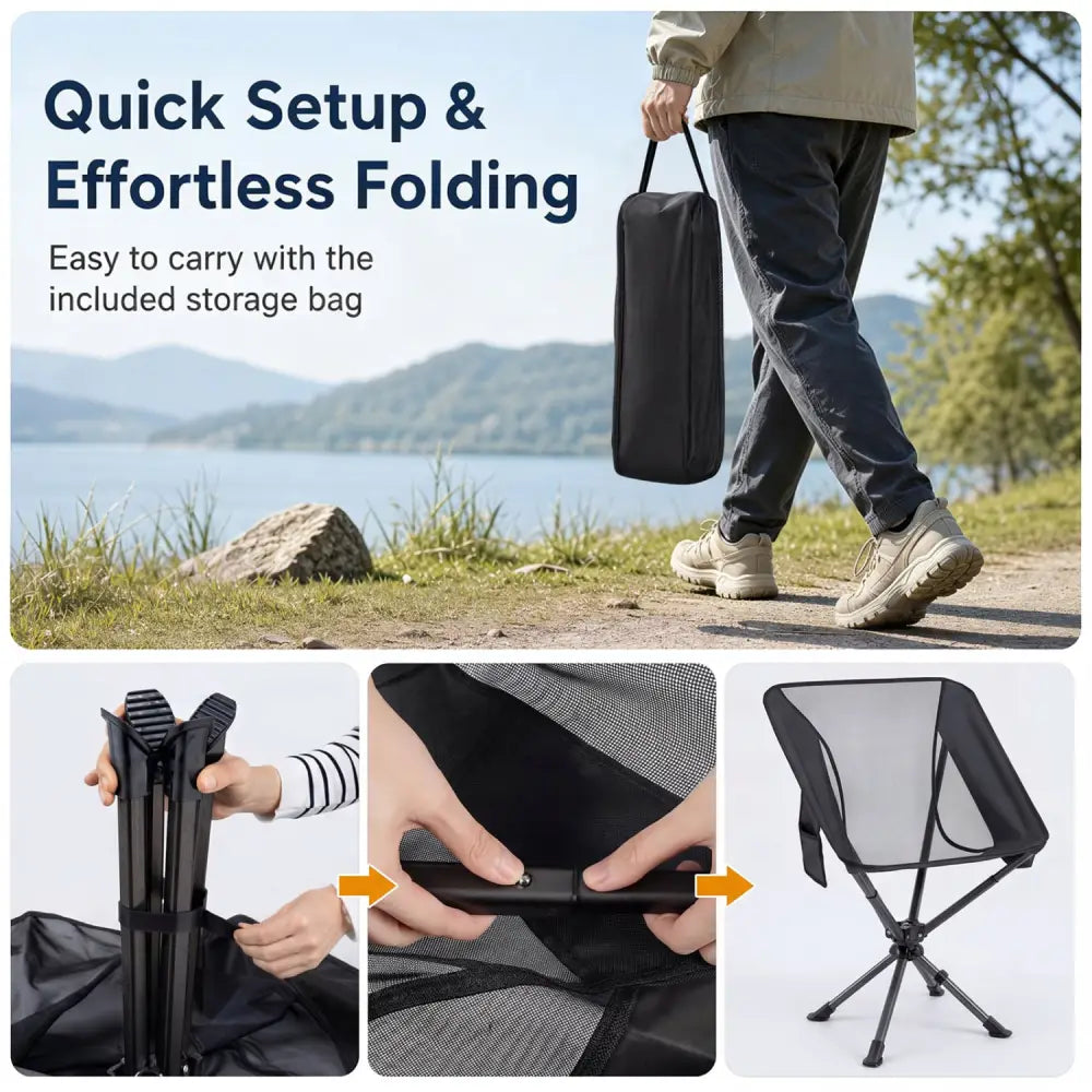 360° Swivel Camping Chair with Cup Holder and Side Pocket for Beach Support 300 LBS-Black - Black - Camping Furniture