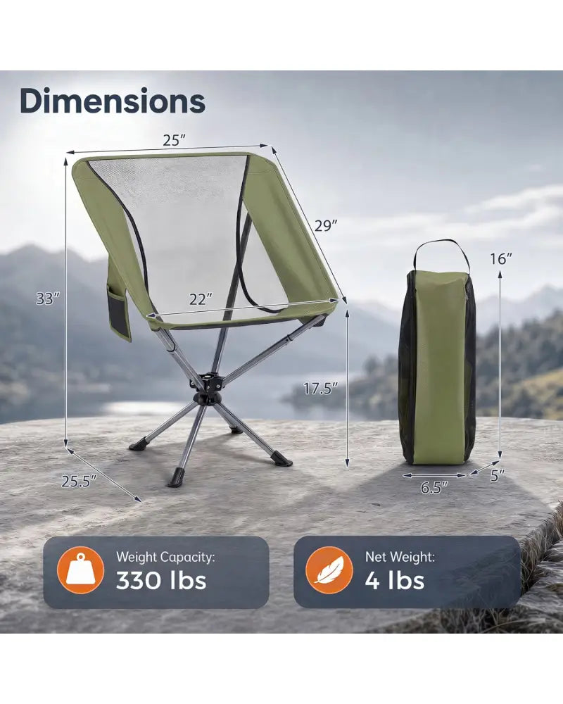 360° Swivel Camping Chair with Cup Holder and Side Pocket for Beach Support 300 LBS-Green - Green - Camping Furniture