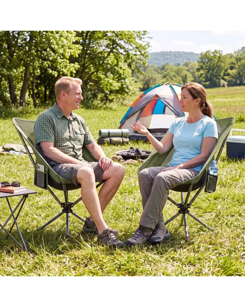 360° Swivel Camping Chair with Cup Holder and Side Pocket for Beach Support 300 LBS-Green - Green - Camping Furniture