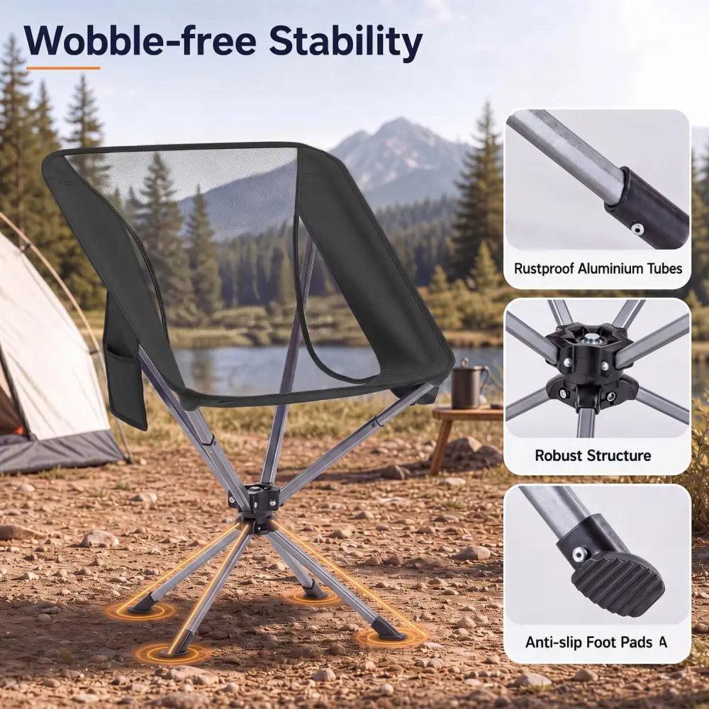 360° Swivel Camping Chair with Cup Holder and Side Pocket for Beach Support 300 LBS-Black - Black - Camping Furniture