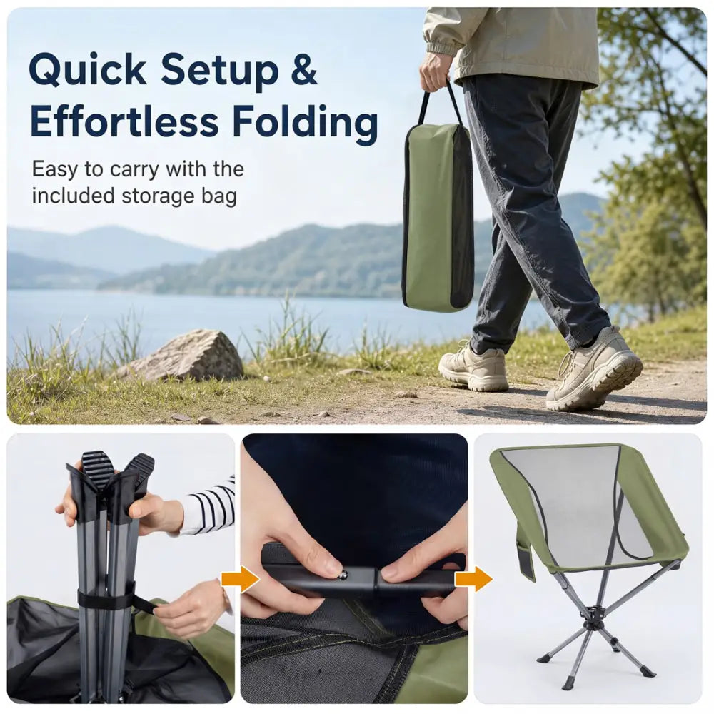 360° Swivel Camping Chair with Cup Holder and Side Pocket for Beach Support 300 LBS-Green - Green - Camping Furniture
