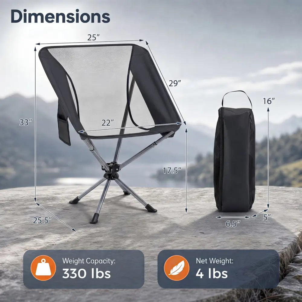 360° Swivel Camping Chair with Cup Holder and Side Pocket for Beach Support 300 LBS-Black - Black - Camping Furniture