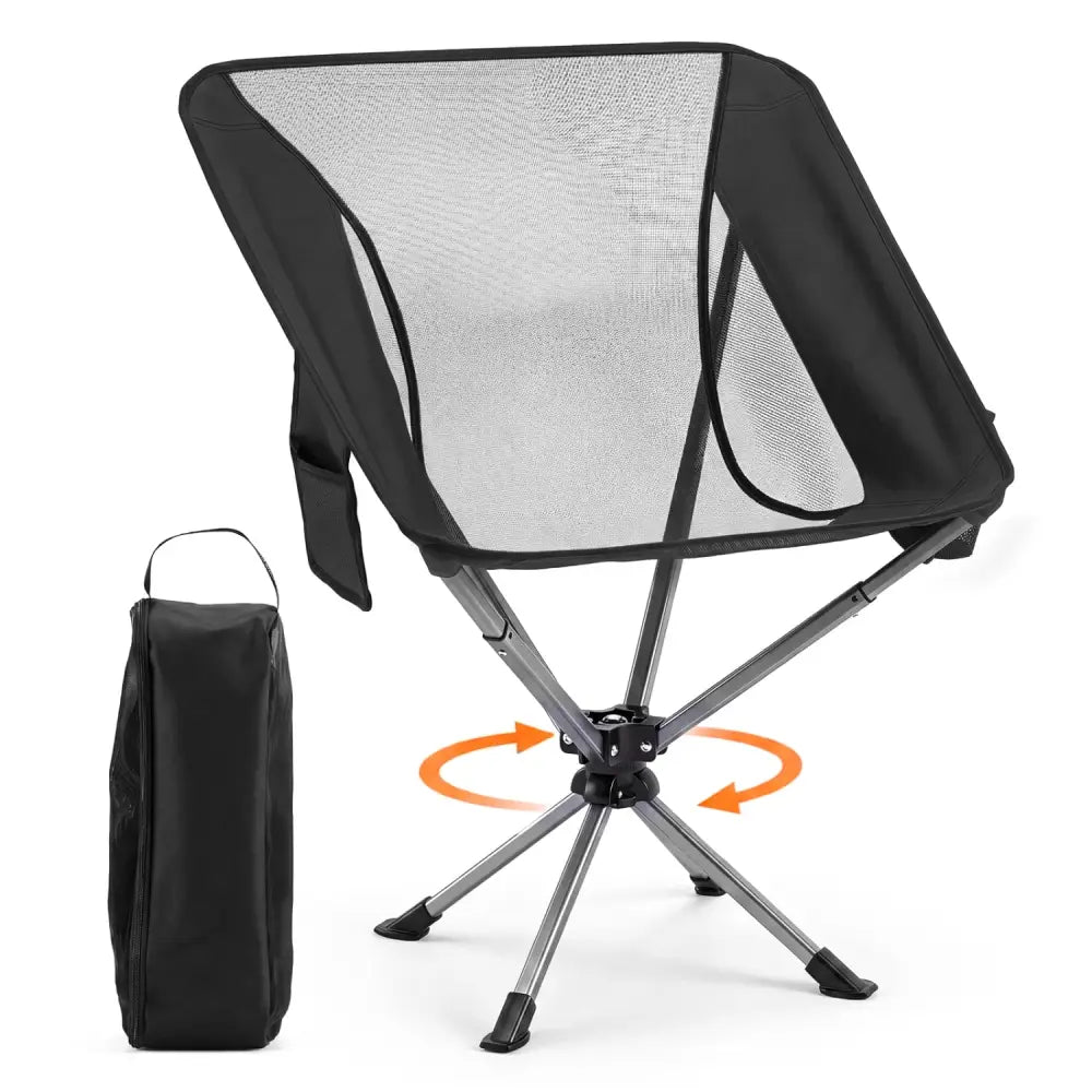 360° Swivel Camping Chair with Cup Holder and Side Pocket for Beach Support 300 LBS-Black - Black - Camping Furniture