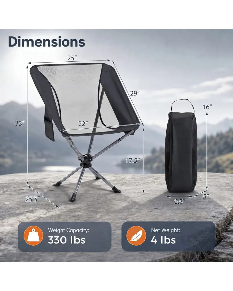 360° Swivel Camping Chair with Cup Holder and Side Pocket for Beach Support 300 LBS-Black - Black - Camping Furniture