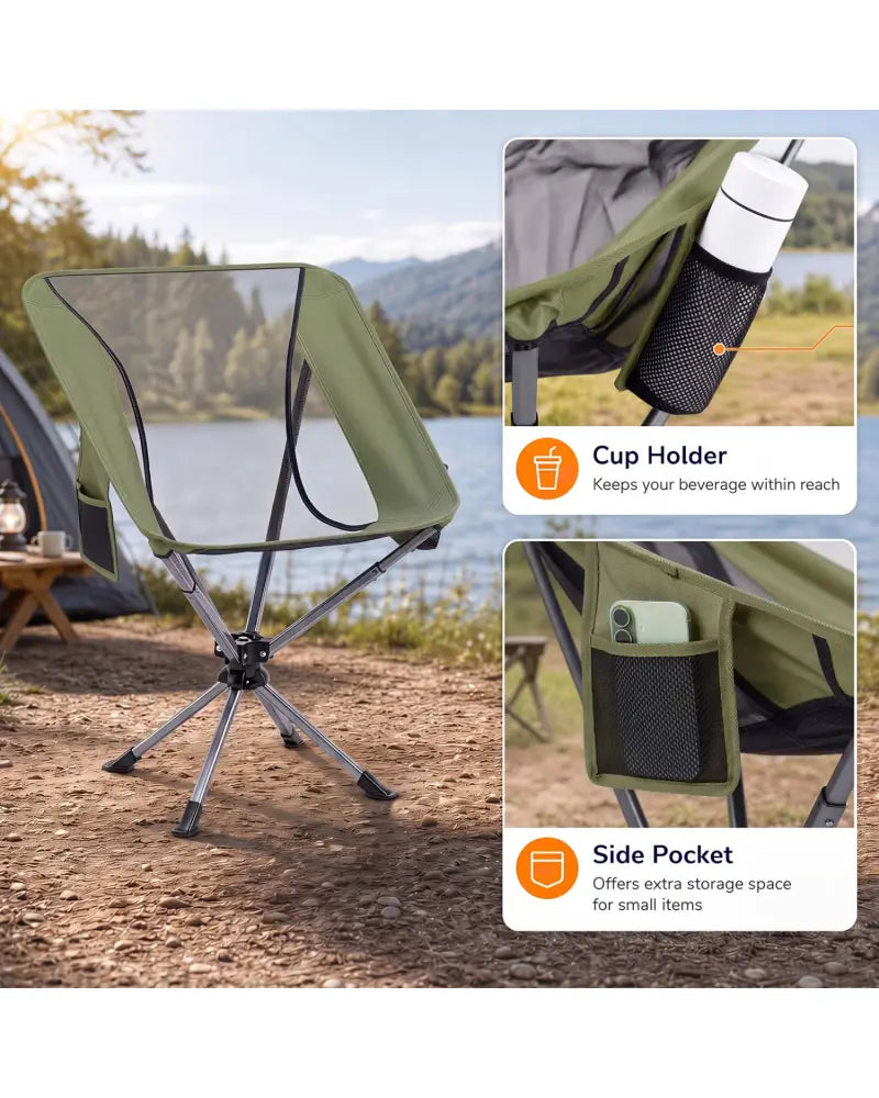 360° Swivel Camping Chair with Cup Holder and Side Pocket for Beach Support 300 LBS-Green - Green - Camping Furniture